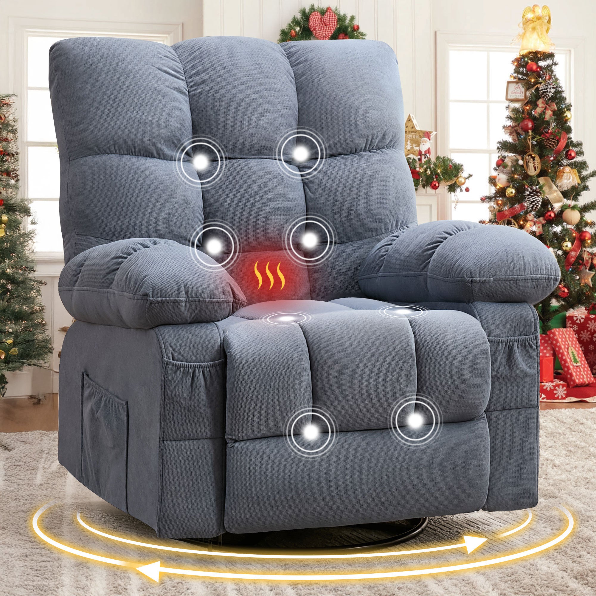 Massage Swivel Recliner Chair with Vibration Massage and Lumbar Heating for Adults,350LBS Oversized Rocker Recliner Single Sofa with Side Pocket and USB Charge Port for Living Room