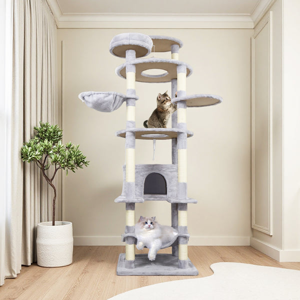 78.8 in Light Gray Cat Tree Tower with Wide Base, Large Condo,  12 Sisal Scratching Post, Big Hammock,  Large Top Platform, Many landing Perch and Interactive toy