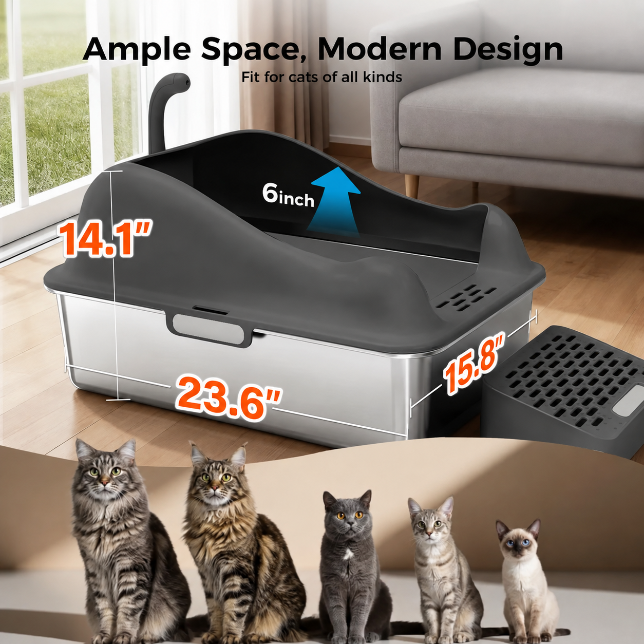 COMHOMA® XL Stainless Steel Cat Litter Box for Small/Big/Multi Cats CHPET-LB