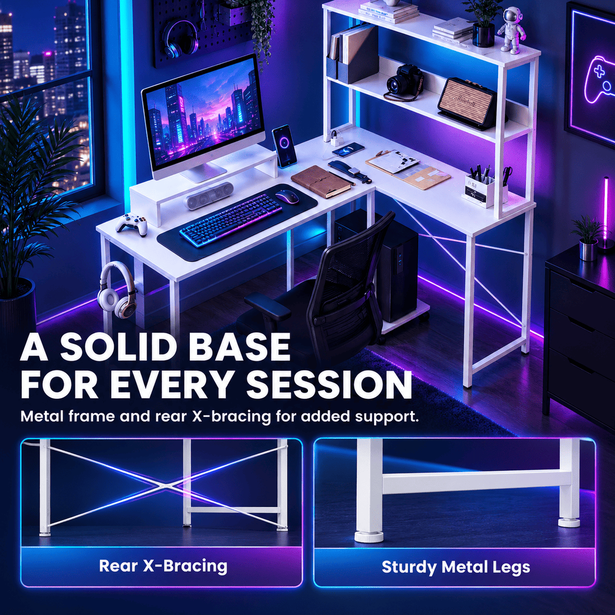 White L-shaped gaming desk with an attached shelving unit, shown in a styled home office setup with a computer, keyboard, monitor, chair, and ambient blue and purple lighting. Large text reads 'A SOLID BASE FOR EVERY SESSION' with feature callouts for rear X-bracing and sturdy metal legs.