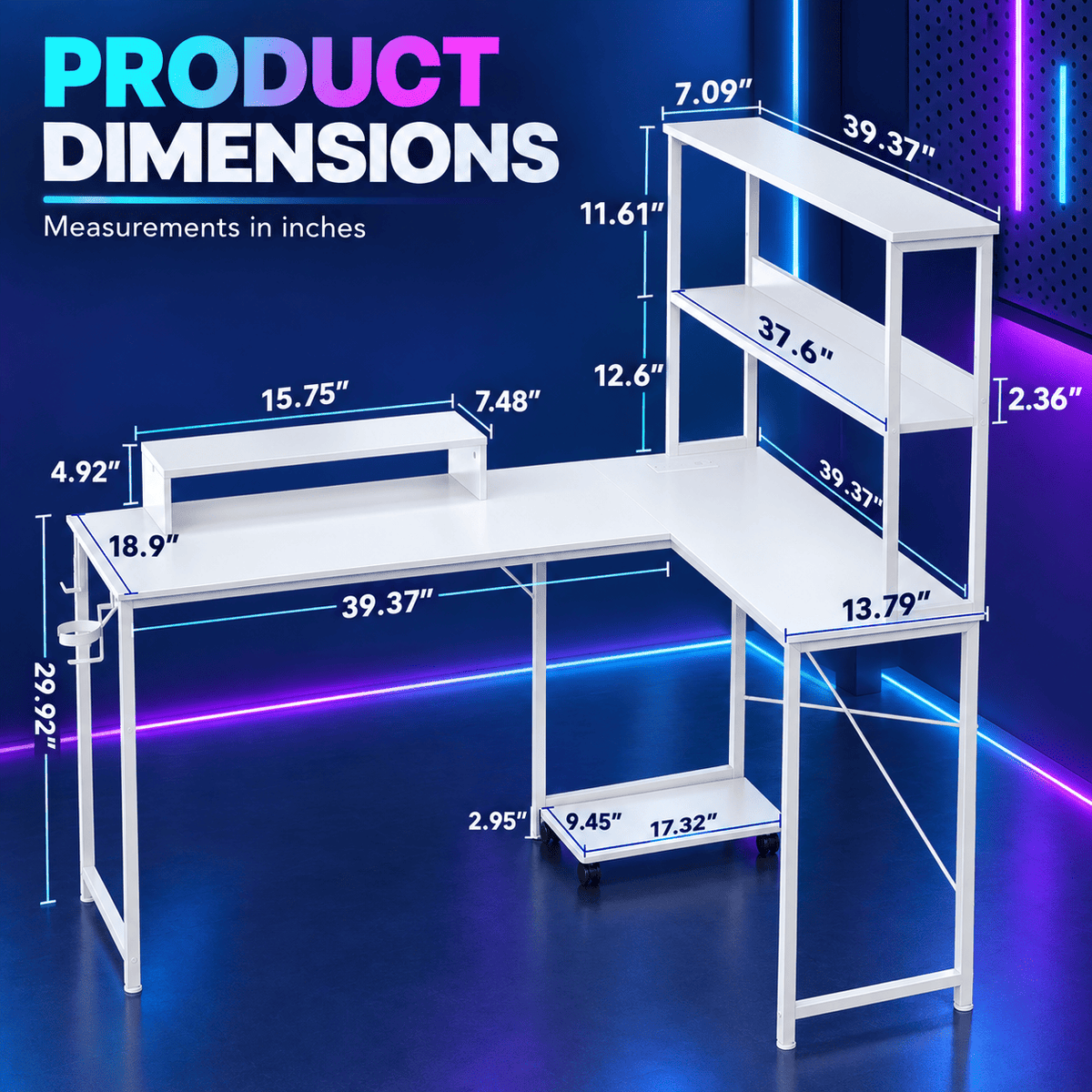 White L-shaped computer desk with built-in shelving and dimension callouts on a dark blue background with neon lighting and the text 'PRODUCT DIMENSIONS'.