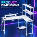 White L-shaped computer desk with built-in shelving and dimension callouts on a dark blue background with neon lighting and the text 'PRODUCT DIMENSIONS'.