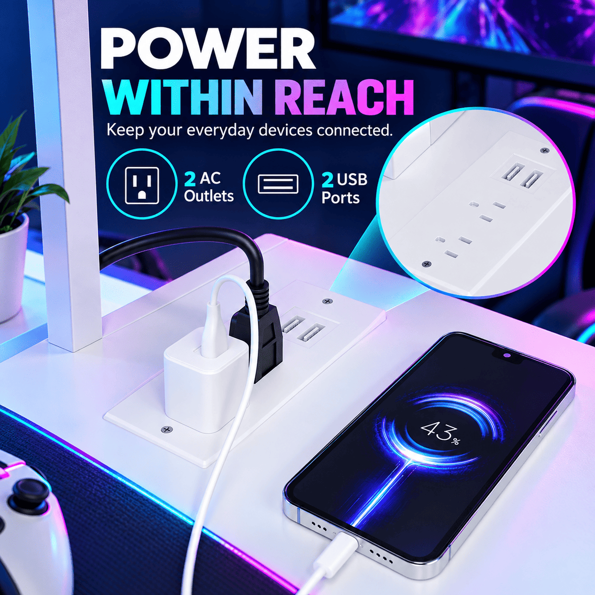 A white multi-port power strip with 2 AC outlets and 2 USB ports shown on a desk, with a smartphone charging nearby and an inset close-up of the power strip. Text reads 'POWER WITHIN REACH' and highlights 2 AC Outlets and 2 USB Ports.