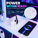 A white multi-port power strip with 2 AC outlets and 2 USB ports shown on a desk, with a smartphone charging nearby and an inset close-up of the power strip. Text reads 'POWER WITHIN REACH' and highlights 2 AC Outlets and 2 USB Ports.