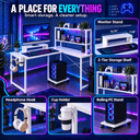 A white L-shaped gaming desk setup with built-in shelves, LED under-desk lighting, monitor stand, headphone hook, cup holder, and rolling PC stand, shown in a styled room scene with inset callouts explaining included features.