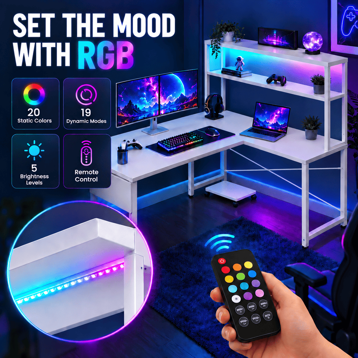 RGB LED desk strip lights shown installed on a white L-shaped desk in a styled home office setup, with a hand holding a remote control in the foreground and marketing text highlighting color options and remote control features.