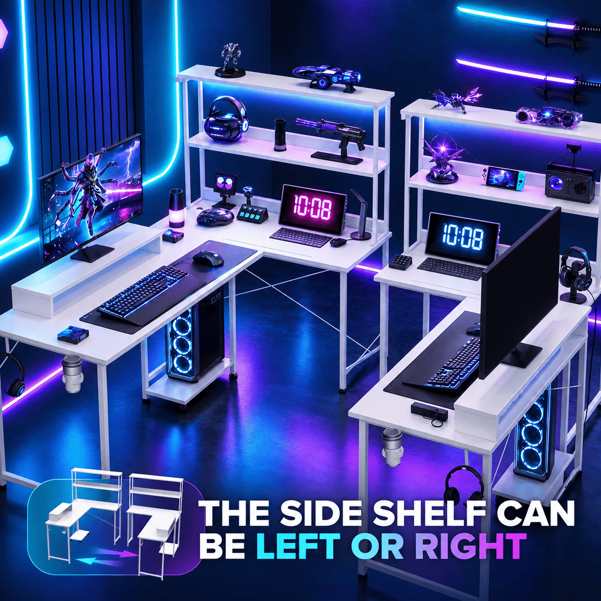 A modern gaming setup with multiple white desks, computers, keyboards, shelves, and neon purple and blue lighting in a dark room. Text at the bottom says 'THE SIDE SHELF CAN BE LEFT OR RIGHT' with arrows indicating adjustability.