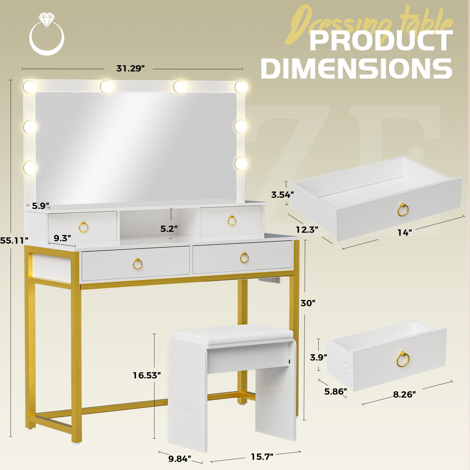 COMHOMA Makeup Vanity Desk with 4 Drawers and Charging Station, 3 Color Modes B1007
