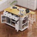 K&K 53inch Large Kitchen Island with Drop Leaf, Power Outlet, Door Internal Storage Rack, Rolling Kitchen Cart on 5 Wheels with 5 Open Side Racks for Kitchen, Dining Room,White(Not include bar stools)