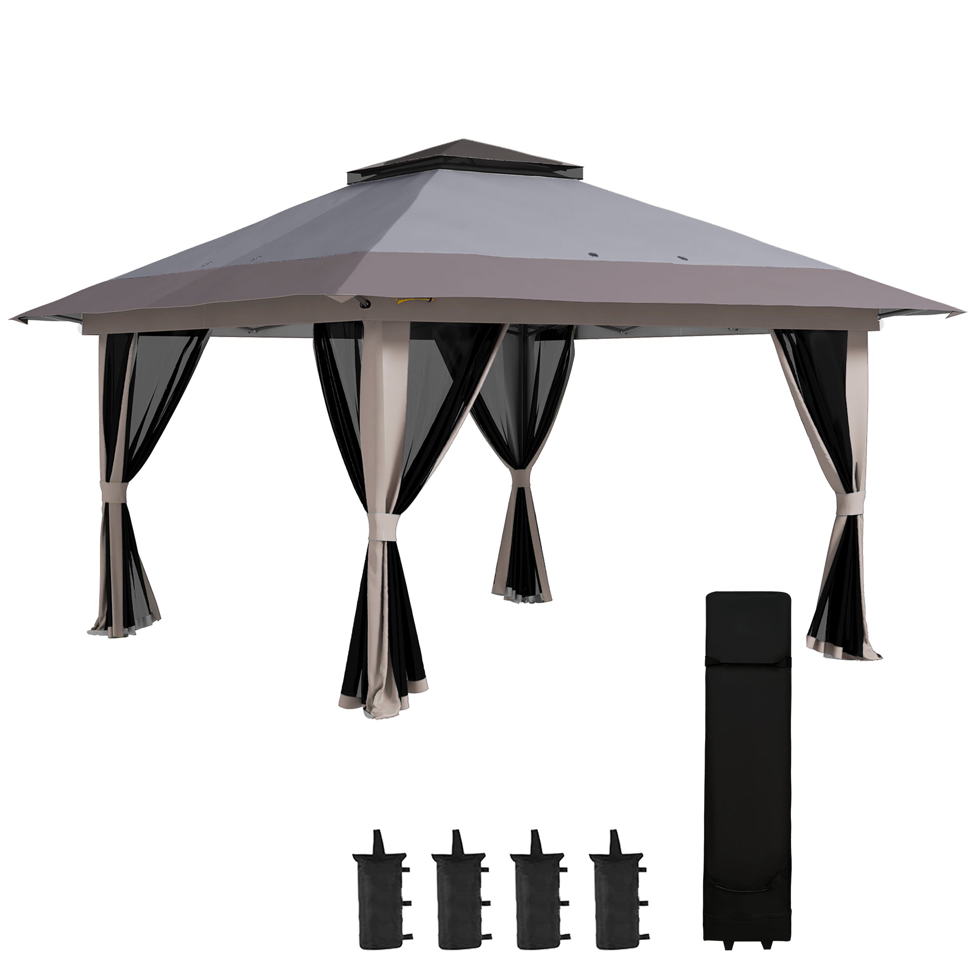 Outsunny 13' x 13' Pop Up Canopy, Gazebo Tent with Netting, Weight Bags, Adjustable Height & Wheeled Carry Bag, Light Gray