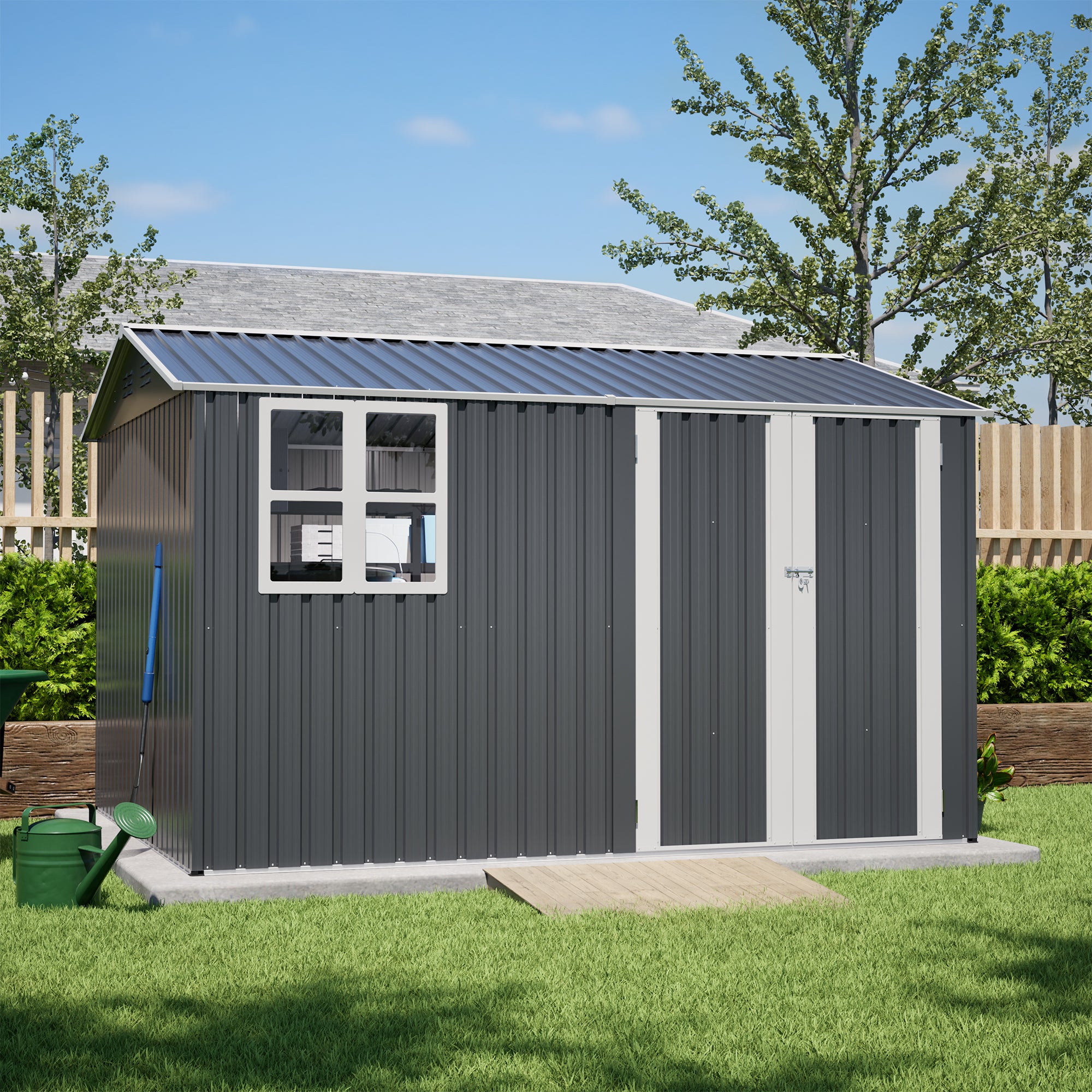 10X8FT Outdoor Steel Storage Shed with Clear Window, Lockable Doors, Weather-Resistant Metal Tool Shed for Garden, Backyard, Patio, and Utility Storage,Gray