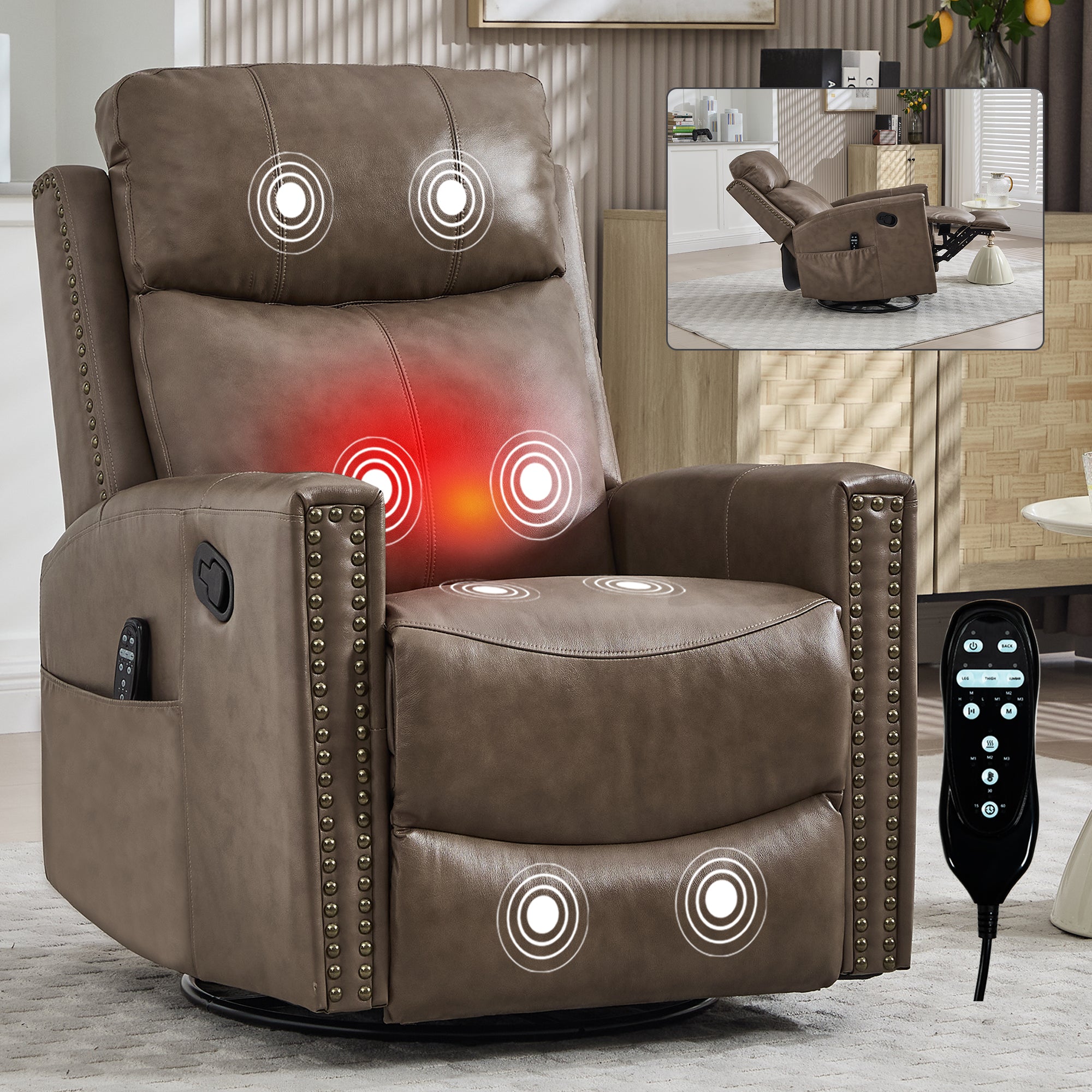Camel Brown Genuine Leather Heat Massage Manual Recliner Chair with Rocker and Swivel for Living Room