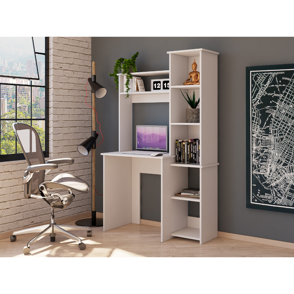 Desk, Five Shelves, Two Superior Shelves, White