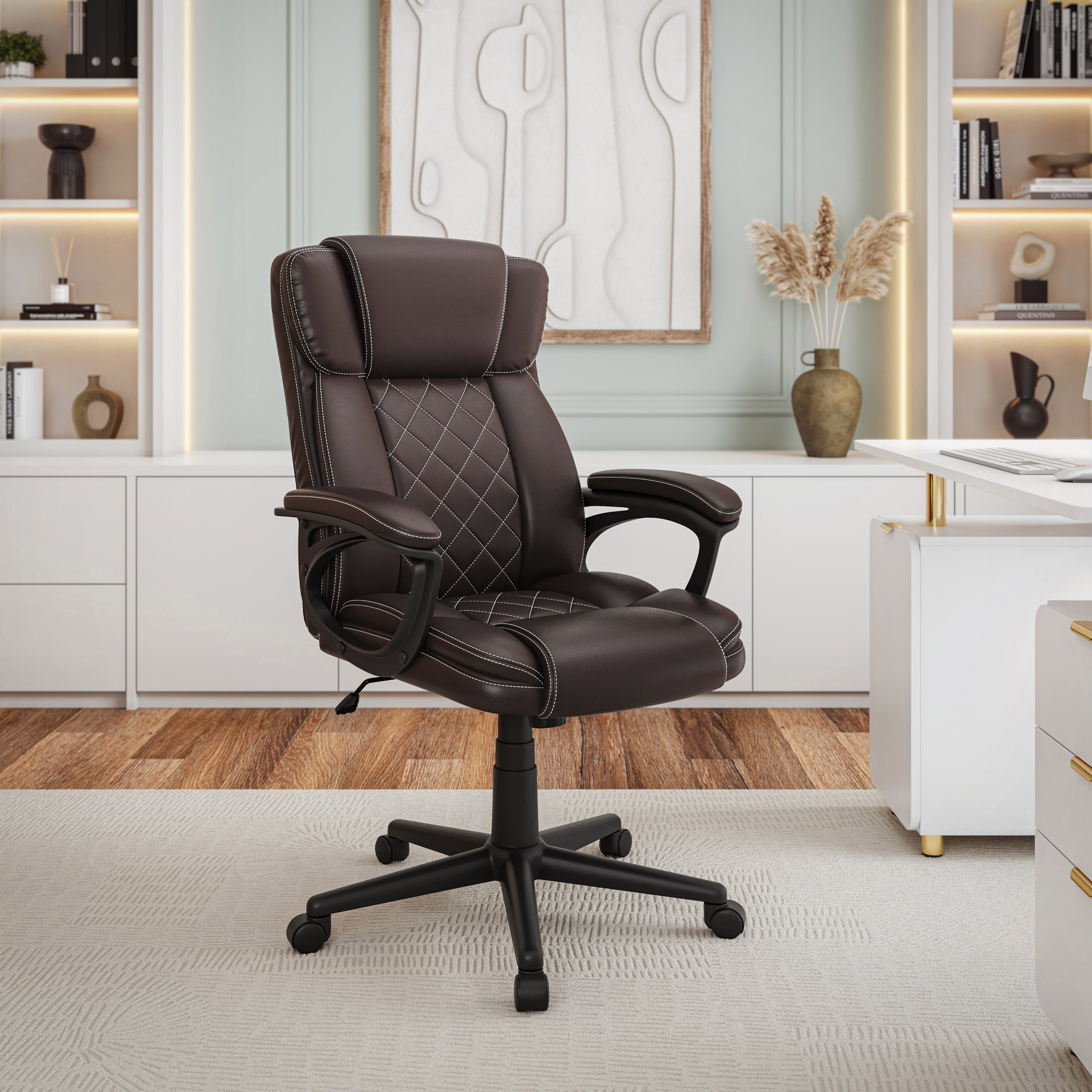 Techni Mobili Ergonomic Executive Office Chair High Back Brown Faux Leather – Adjustable Height, Lumbar Support, Diamond-Stitched Padding, Swivel Desk Chair w/Armrests & Tilt Recline for Home Office