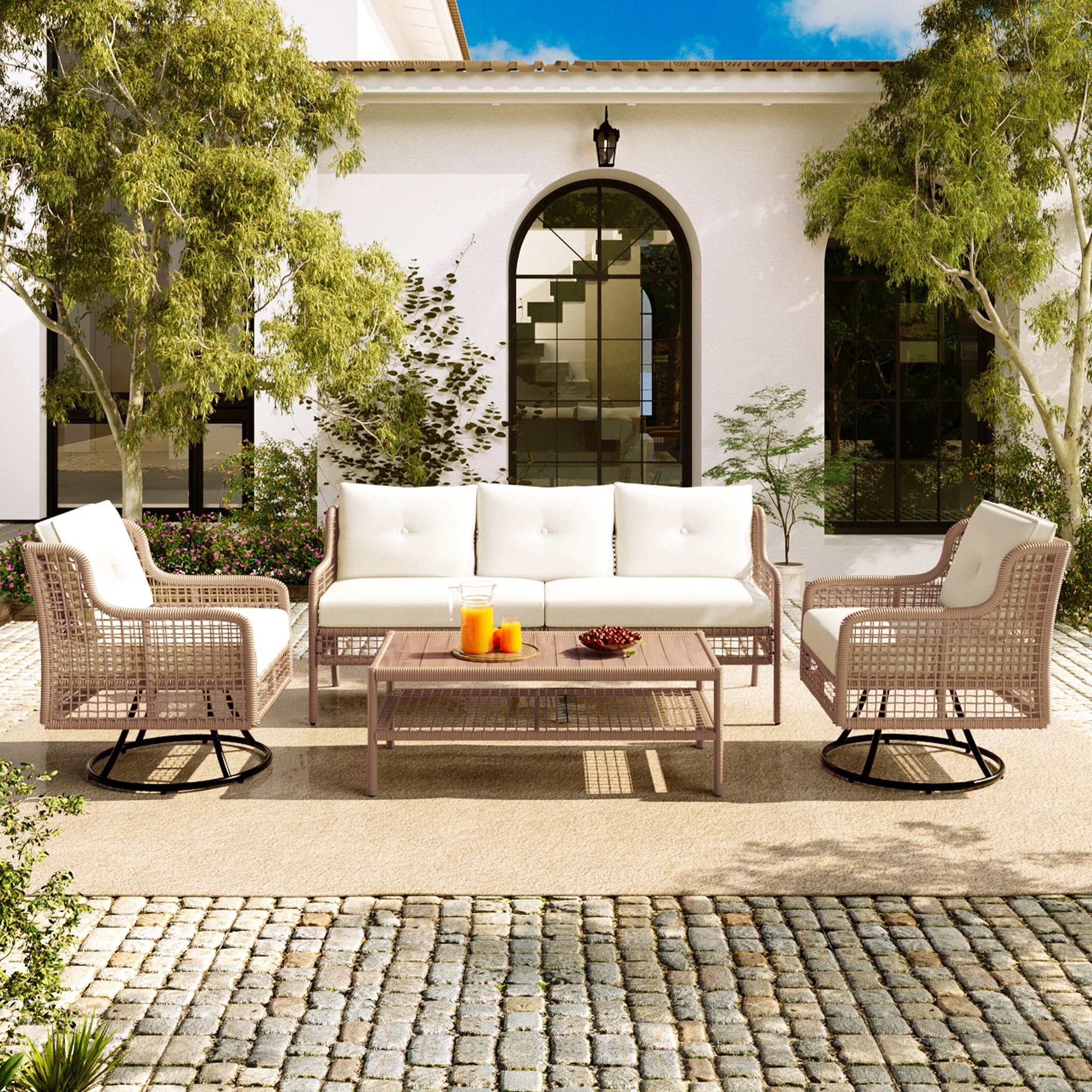 GO 4 Pieces Patio Furniture Set with Swivel Chairs, Outdoor Wicker Sofas for 5-person, Sectional Rattan Outdoor Conversation Set for Poolside Backyard Deck, Beige