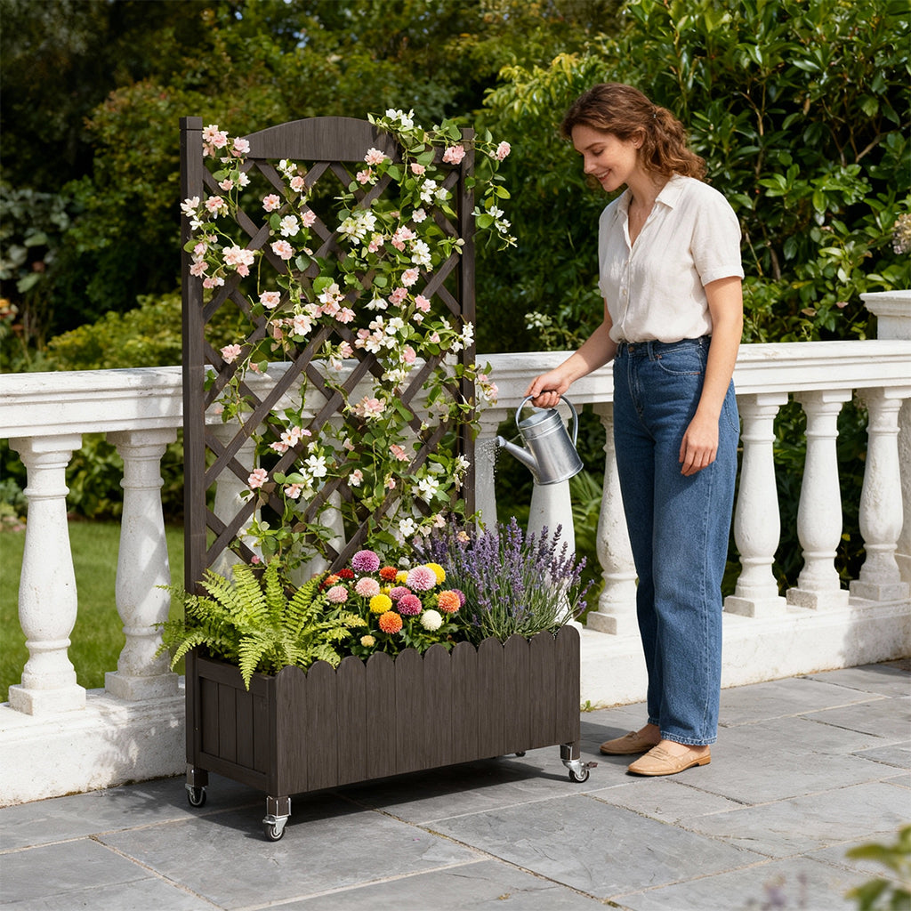 COMHOMA 2x1x4 FT Elevated Garden Bed with Trellis and Wheels for Climbing Plants, Wood, OT-GD01