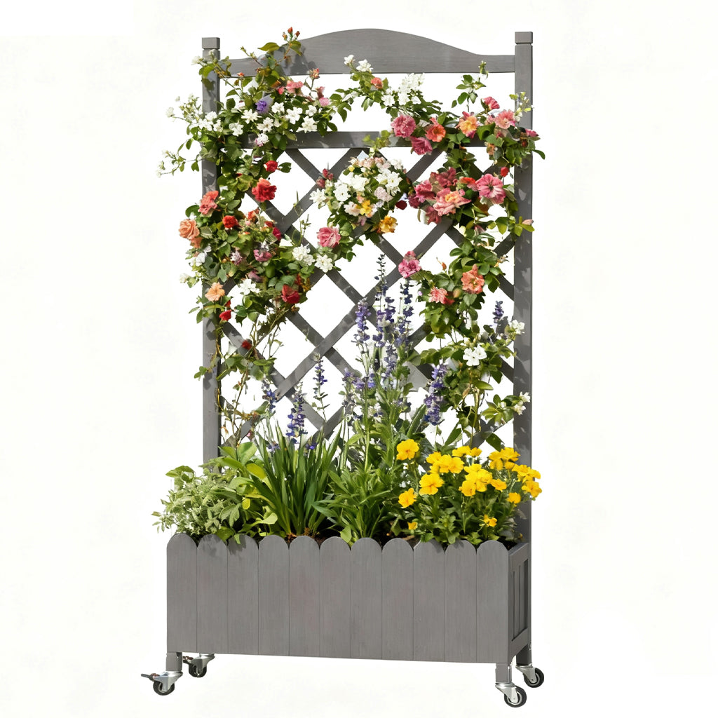 COMHOMA 2x1x4 FT Elevated Garden Bed with Trellis and Wheels for Climbing Plants, Wood, OT-GD01