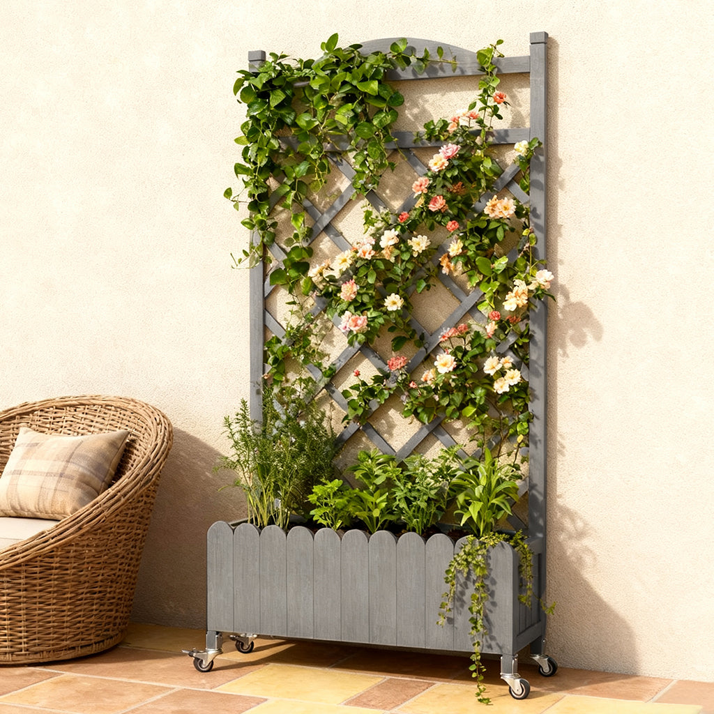 COMHOMA 2x1x4 FT Elevated Garden Bed with Trellis and Wheels for Climbing Plants, Wood, OT-GD01