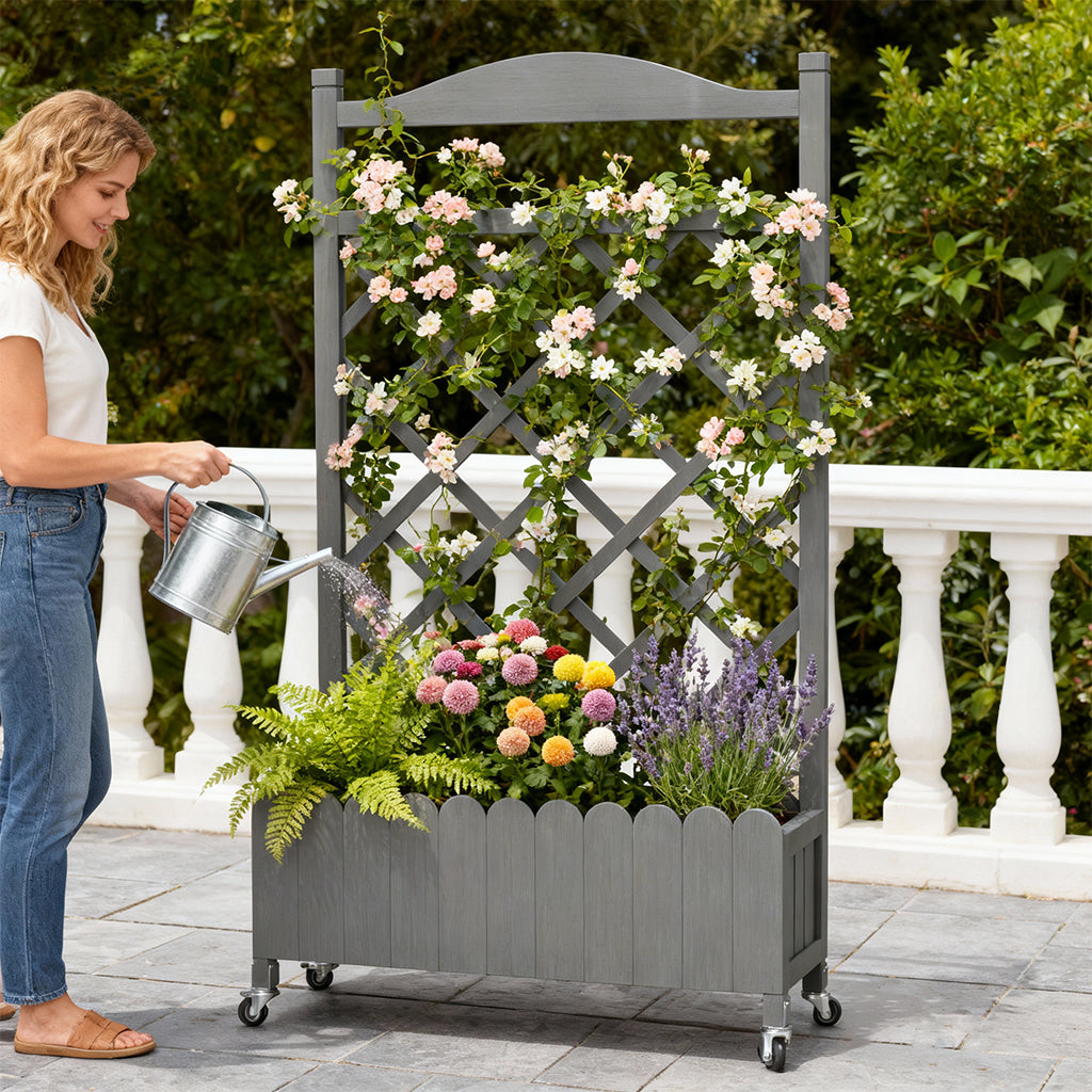 COMHOMA 2x1x4 FT Elevated Garden Bed with Trellis and Wheels for Climbing Plants, Wood, OT-GD01