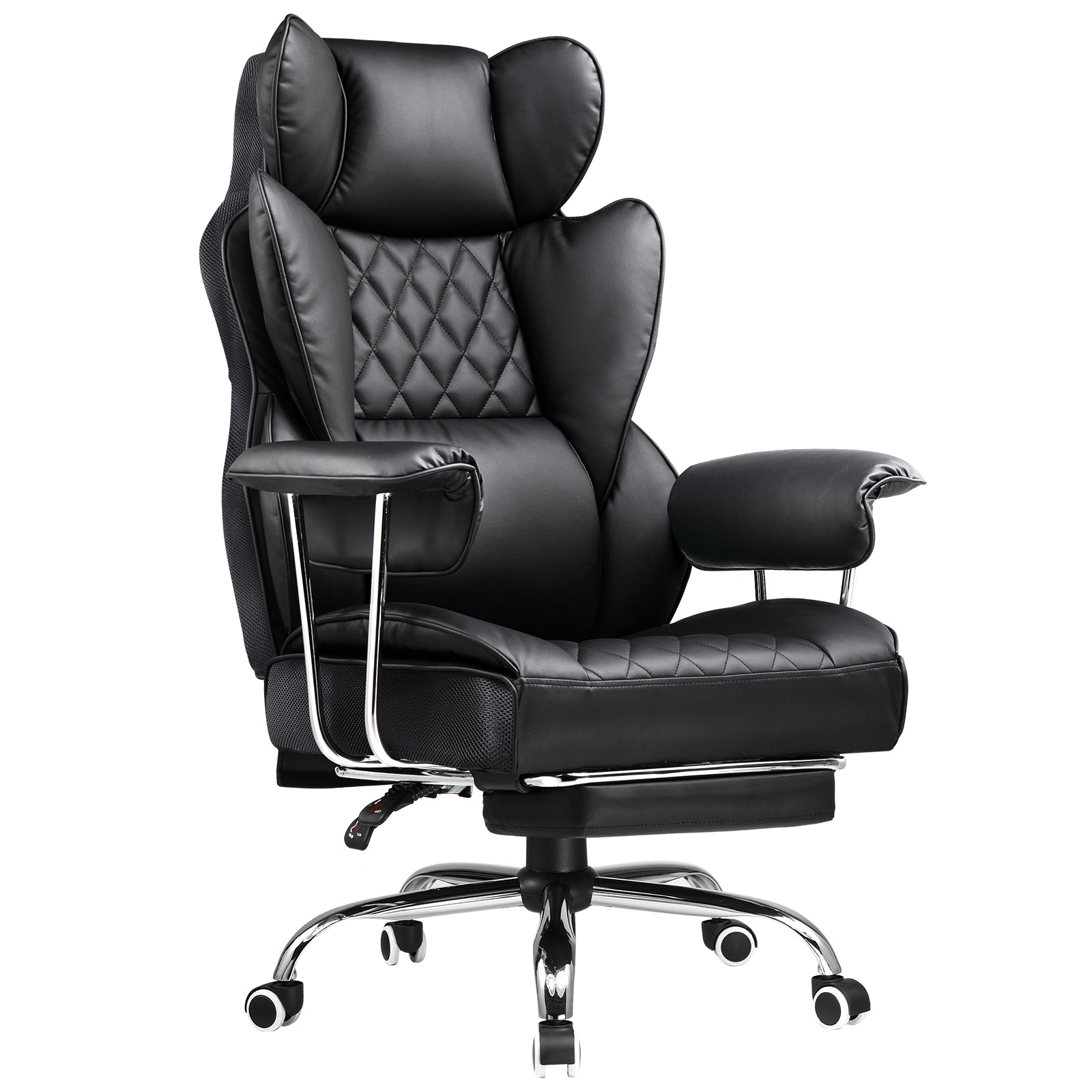 Black leather office chair with quilted design on a white background