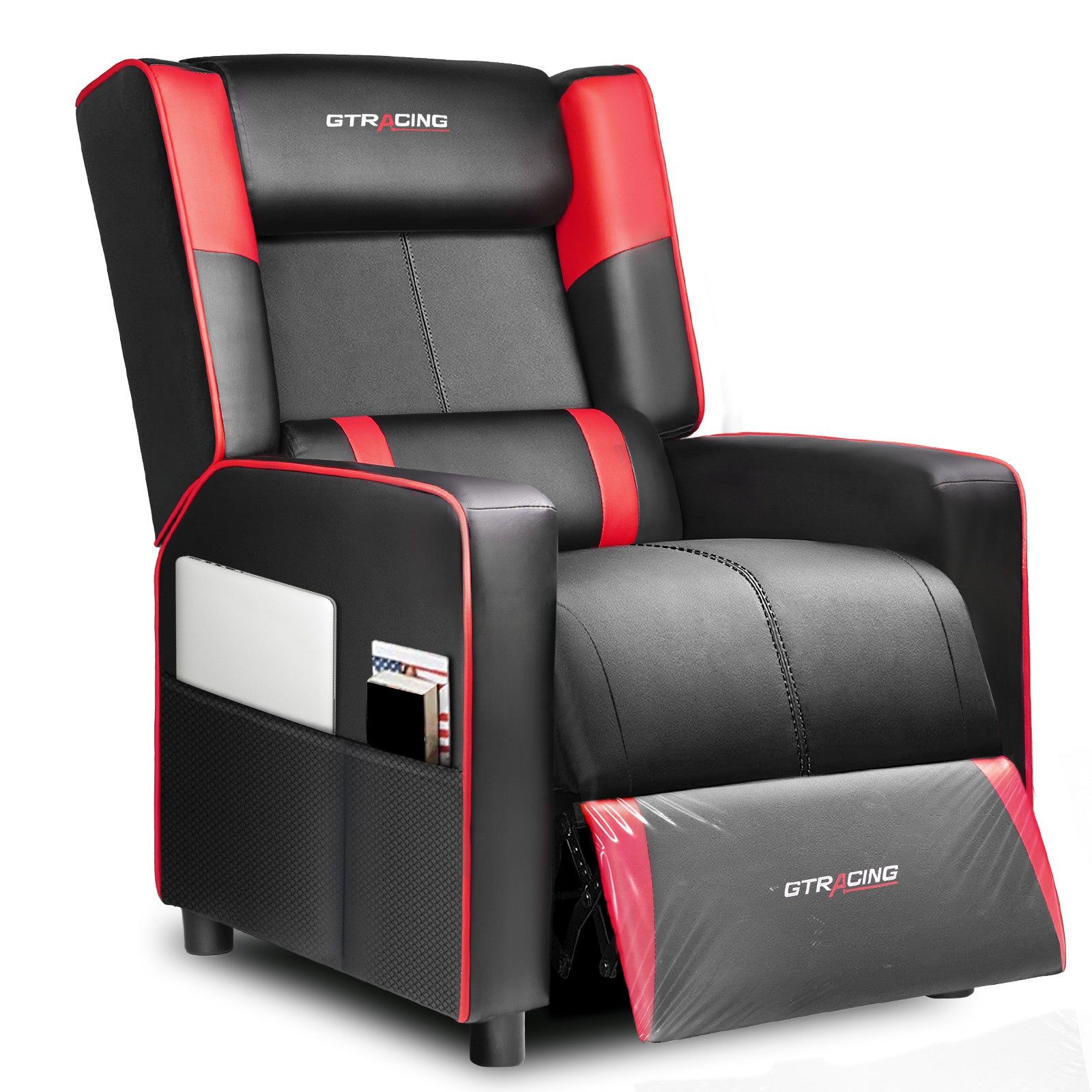 Black and red gaming chair with GTRACING logo on a white background