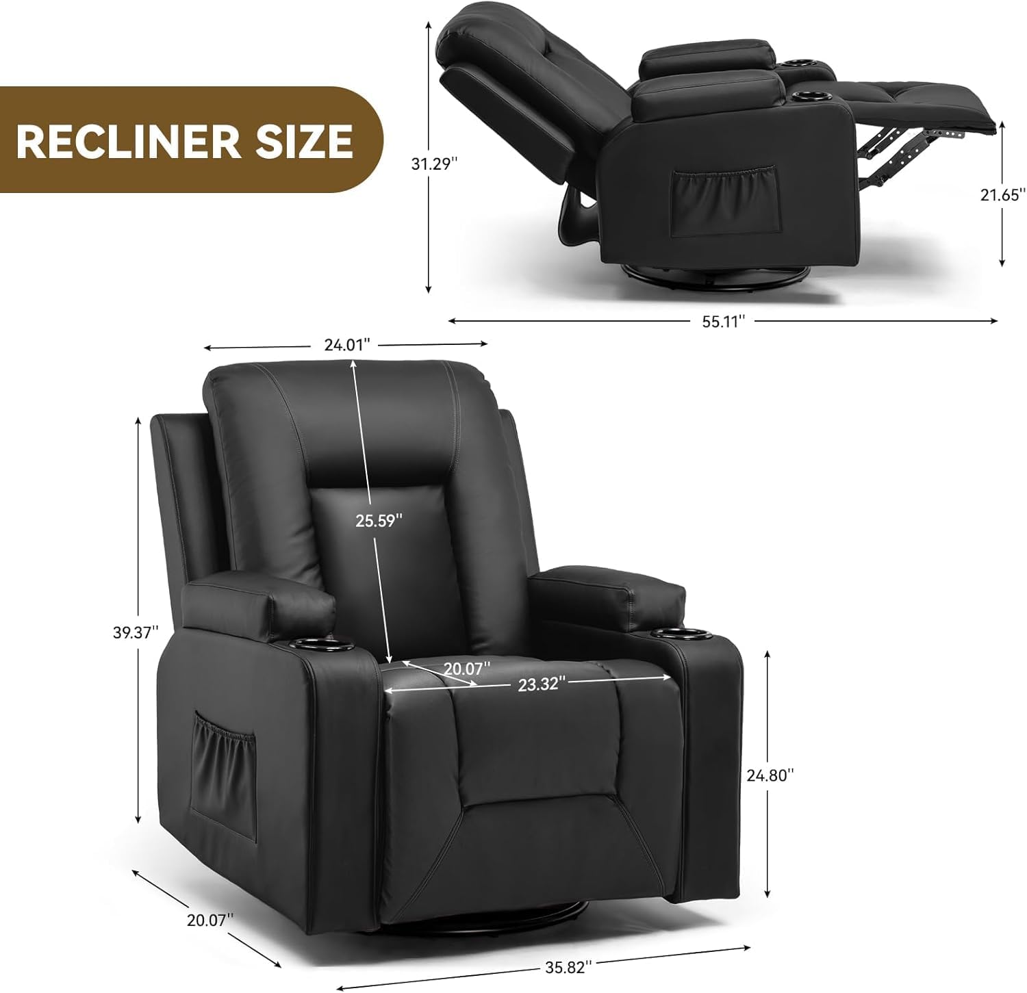 COMHOMA® PU Leather Swivel Rocker Recliner With Cup Holders H7134