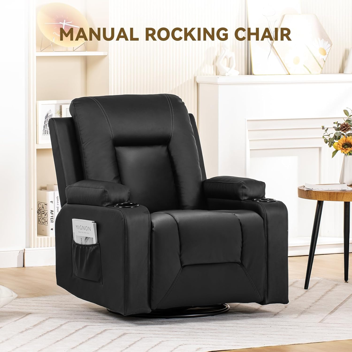 COMHOMA PU Leather Swivel Rocker Recliner With Cup Holders H7134