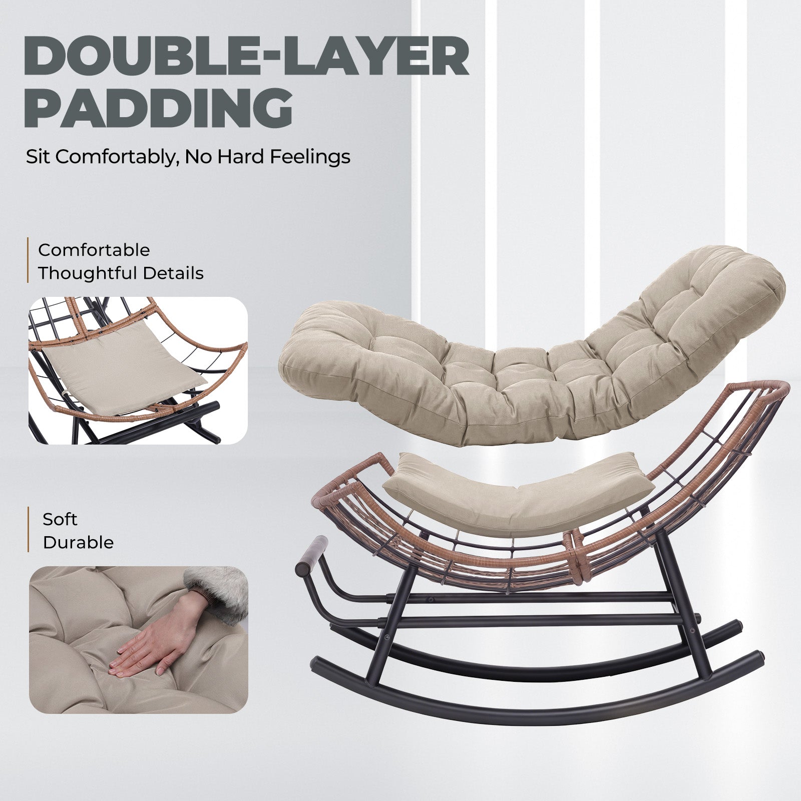 COMHOMA Outdoor Rocking Papasan Chair, Oversized Wicker Patio Rocker OT-CH03