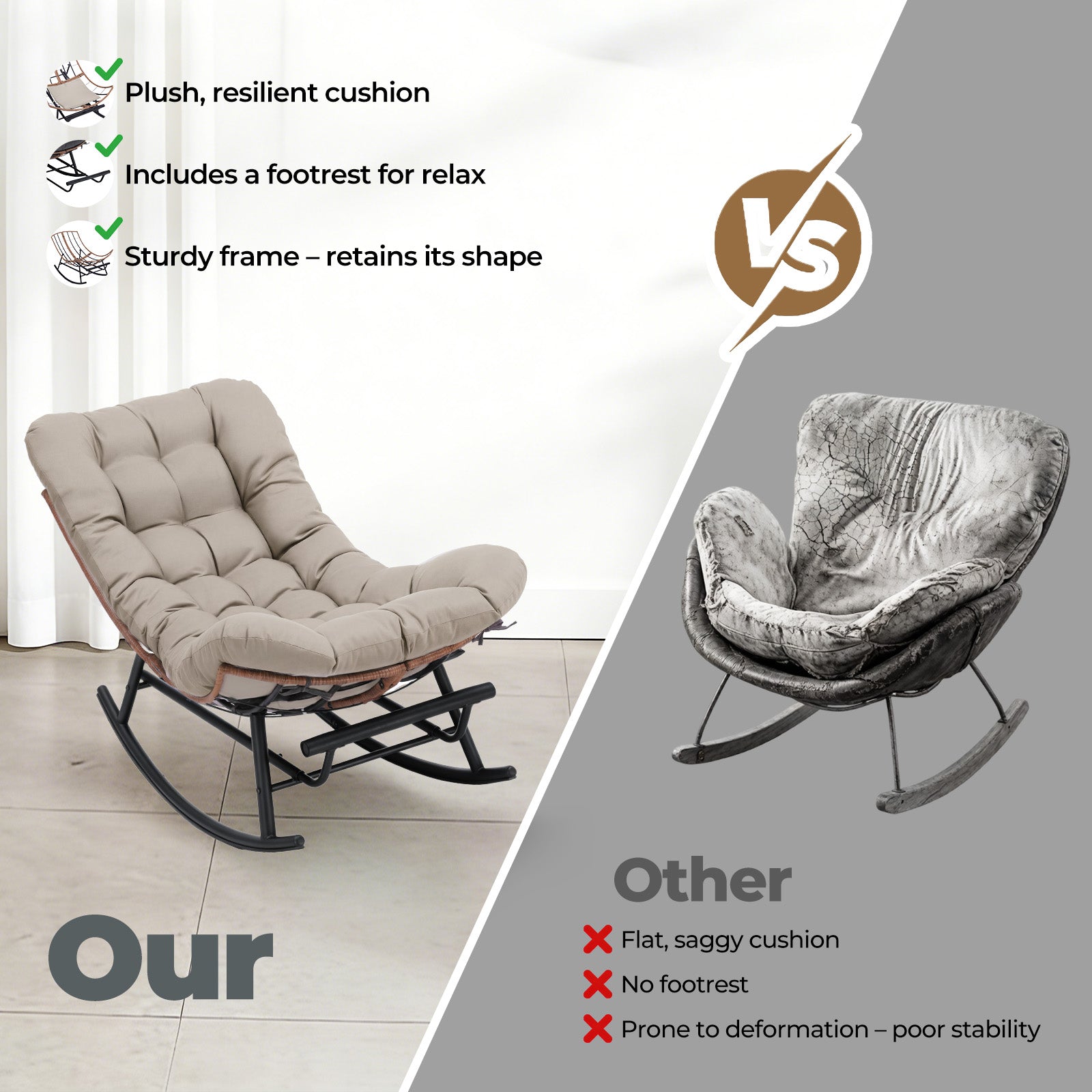 COMHOMA Outdoor Rocking Papasan Chair, Oversized Wicker Patio Rocker OT-CH03