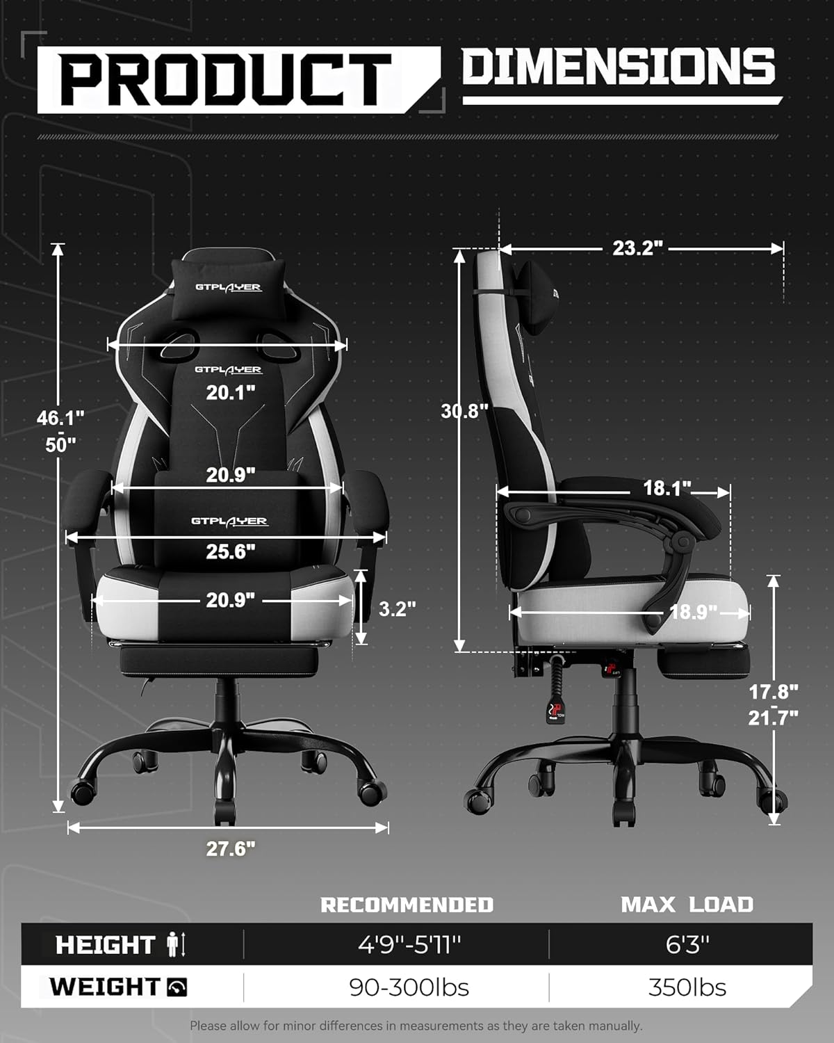 GTPLAYER Big and Tall Gaming Chair 350lbs with Footrest LR408