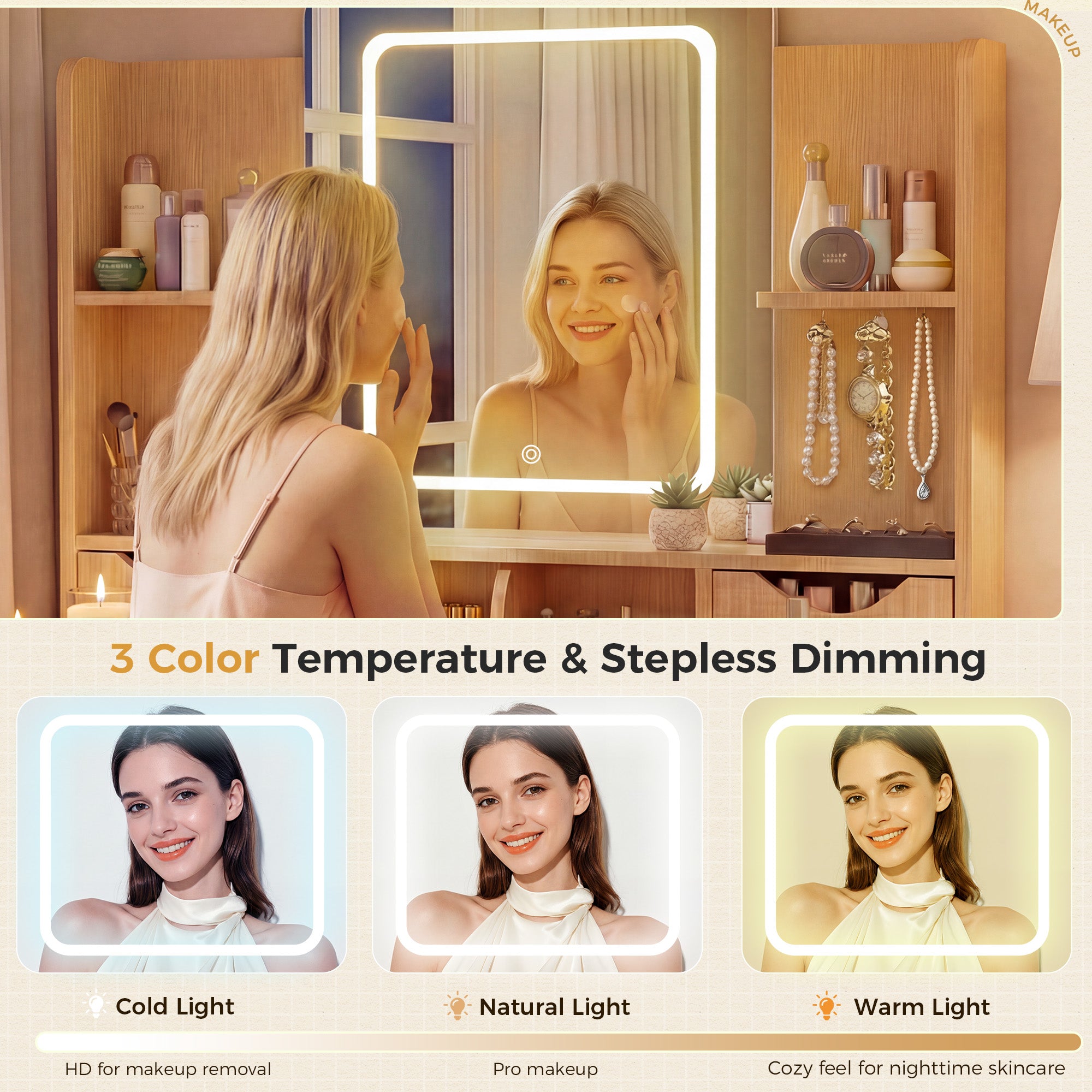 Modern Wooden Vanity Desk with Mirror and Lights B2004-LUCKLIFE