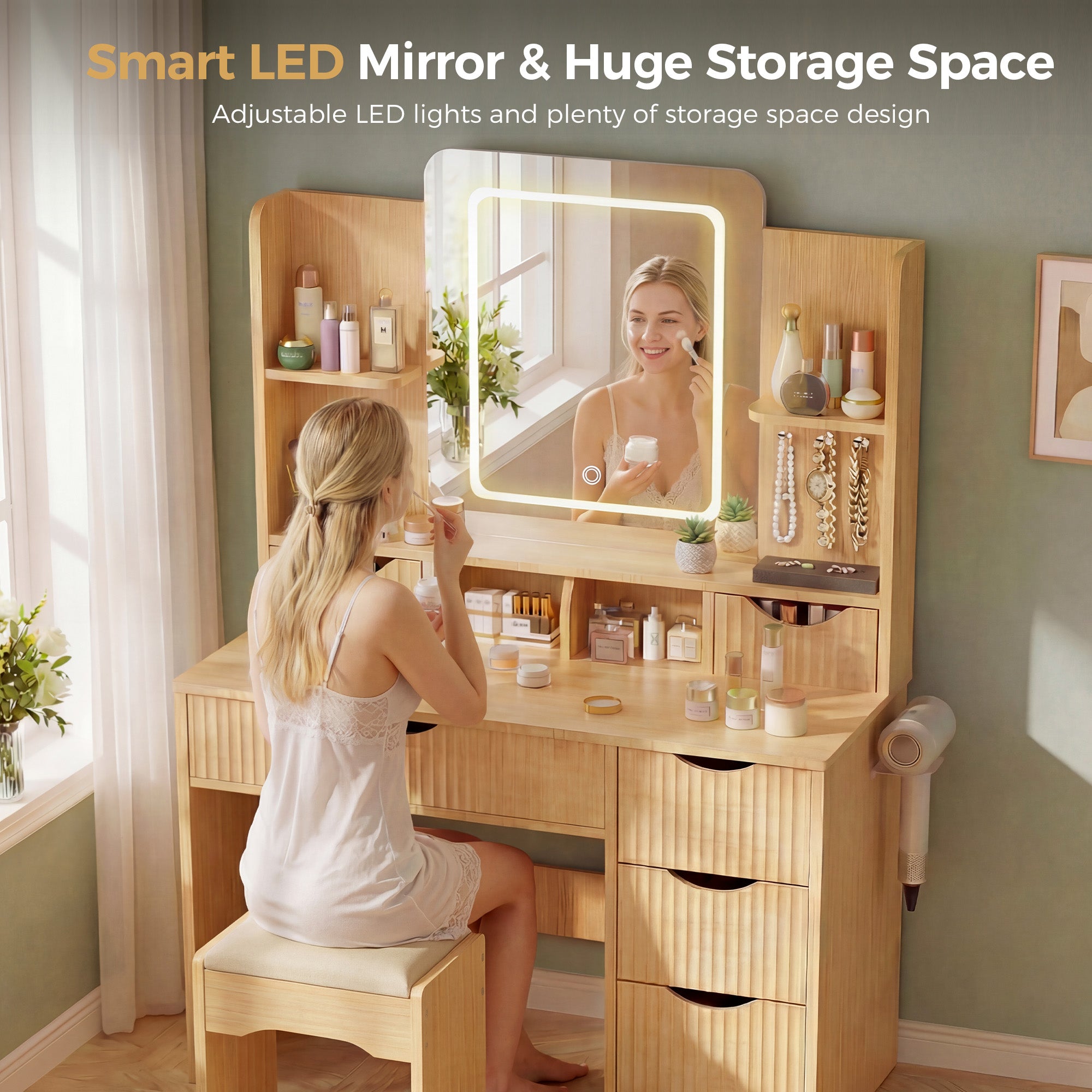 Modern Wooden Vanity Desk with Mirror and Lights B2004-LUCKLIFE