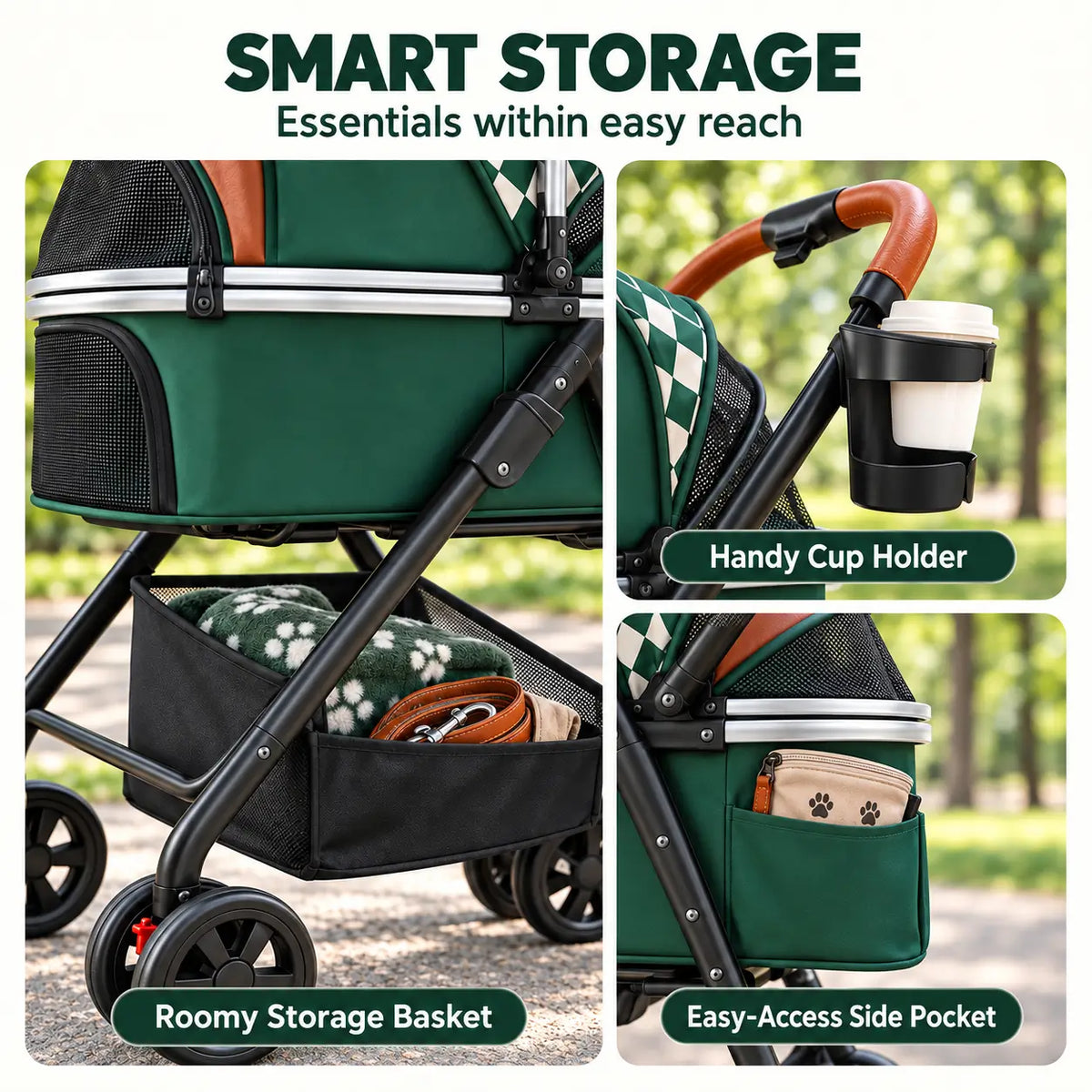 COMHOMA® Foldable Pet Stroller with Weather Cover, Storage Basket & Cup Holder for Small-Med Dogs & Cats CHPET