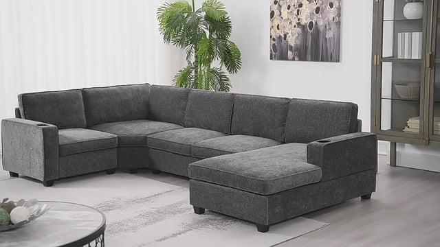 119' U-Shaped Sectional Sofa, 6 Seat Chenille Corner Couch Set with Cup Holders, Oversized Chaise Lounge, Irregular Corner, Deep and Wide Seat, Comfy Sofa for Living Room&Apartment, 2 Colors