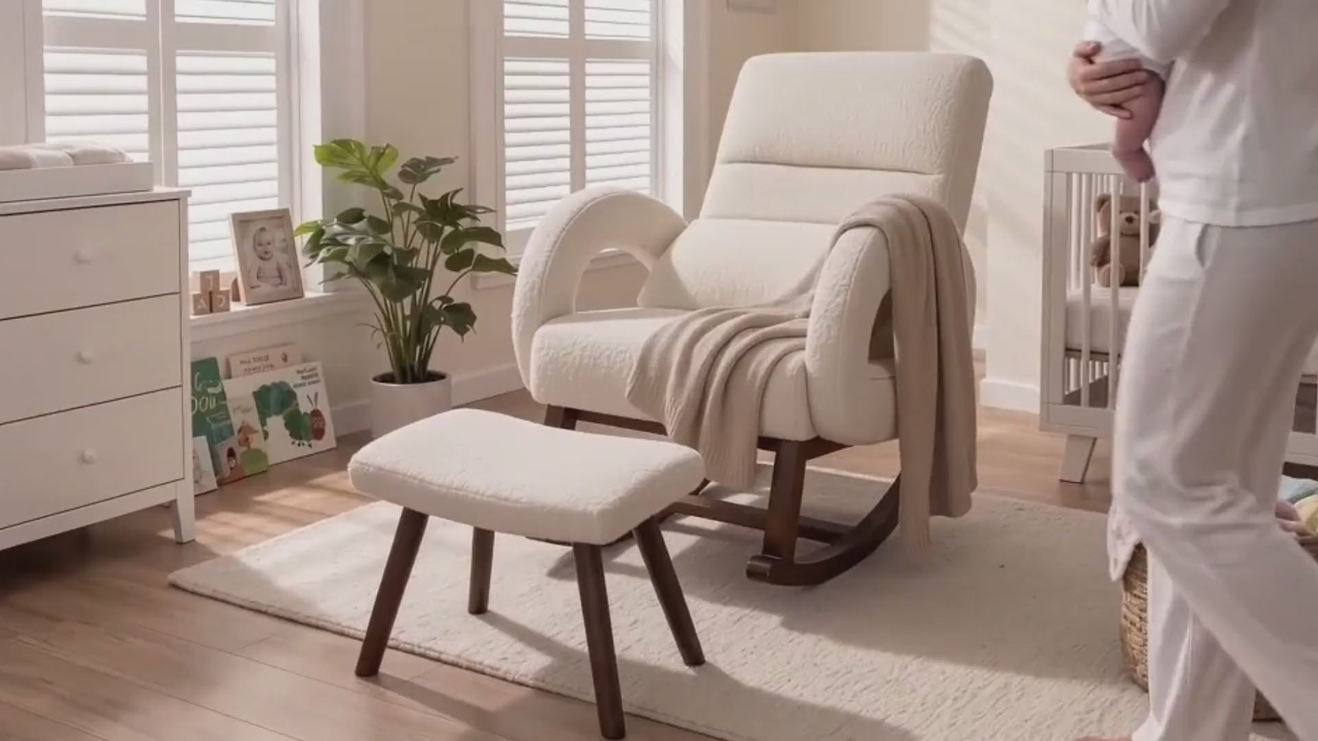 COMHOMA Teddy Fabric Rocking Chair Nursery with Ottoman & Lumber Pillow H007