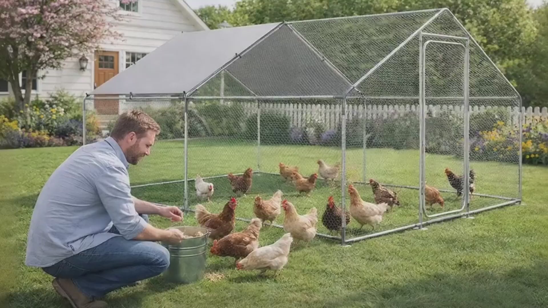 COMHOMA Large Metal Chicken Coop with Waterproof Roof & Lockable Door OT-GD06