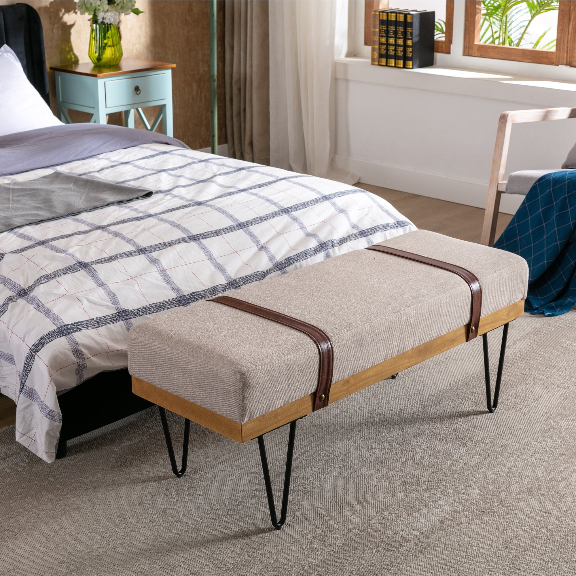 Linen Fabric soft cushion wood frame Rectangle bed bench