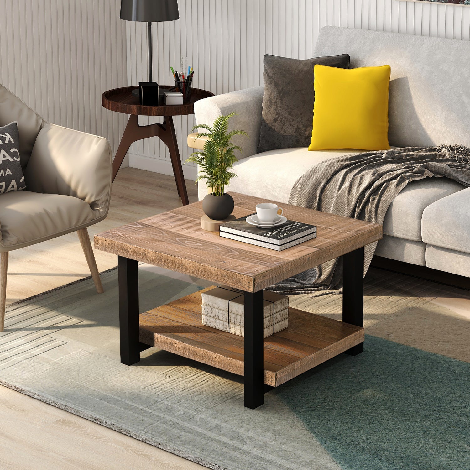 TREXM Rustic Natural Coffee Table with Storage Shelf for Living Room, Easy Assembly (26"x26")
