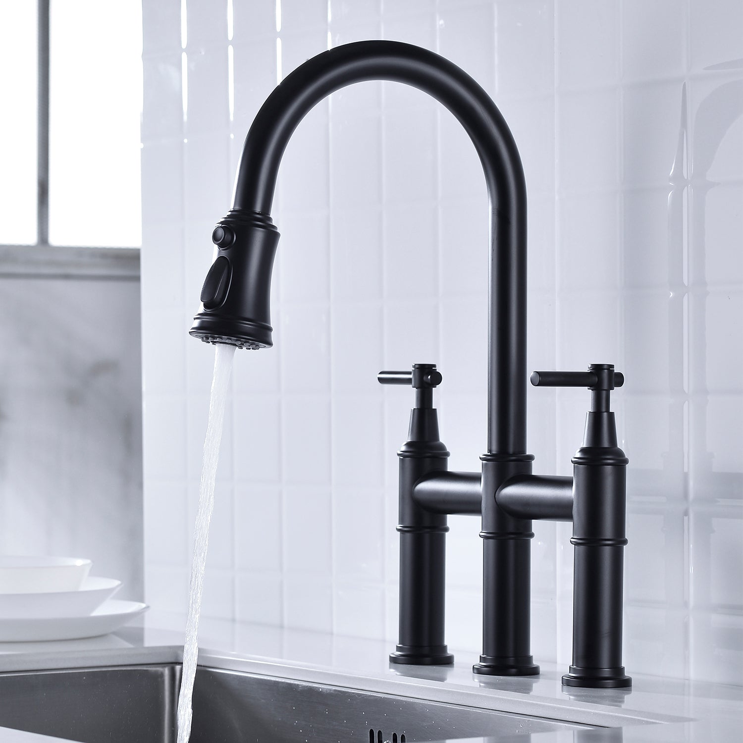 Bridge Kitchen Faucet with Pull-Down Sprayhead in Spot