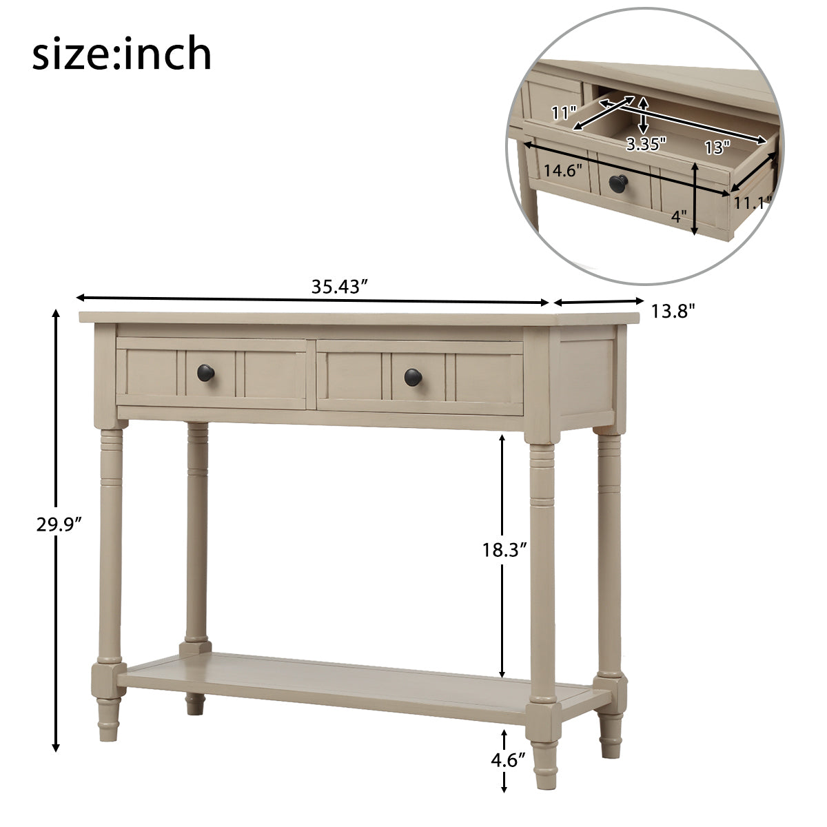 TREXM Daisy Series Console Table Traditional Design with Two Drawers and Bottom Shelf (Retro Grey)