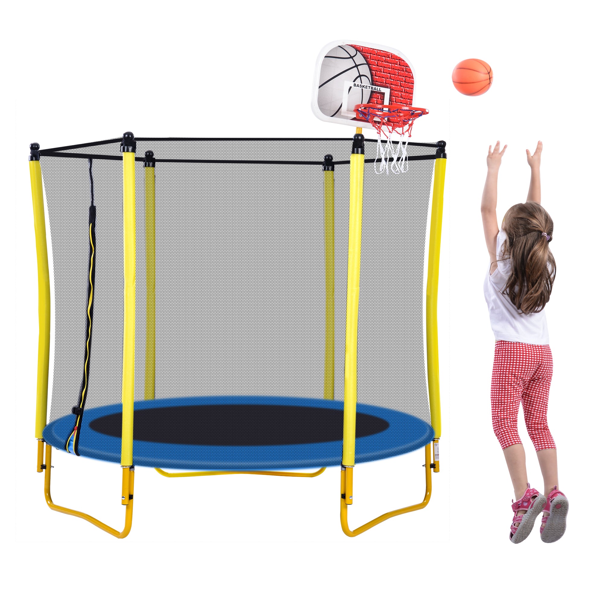 Mini Outdoor Trampoline with Basketball Hoop 5.5FT // Yellow