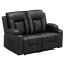 A black COMHOMA PU massage recliner with swivel, heat, and cup holders features, including multiple buttons on the side and a remote control.