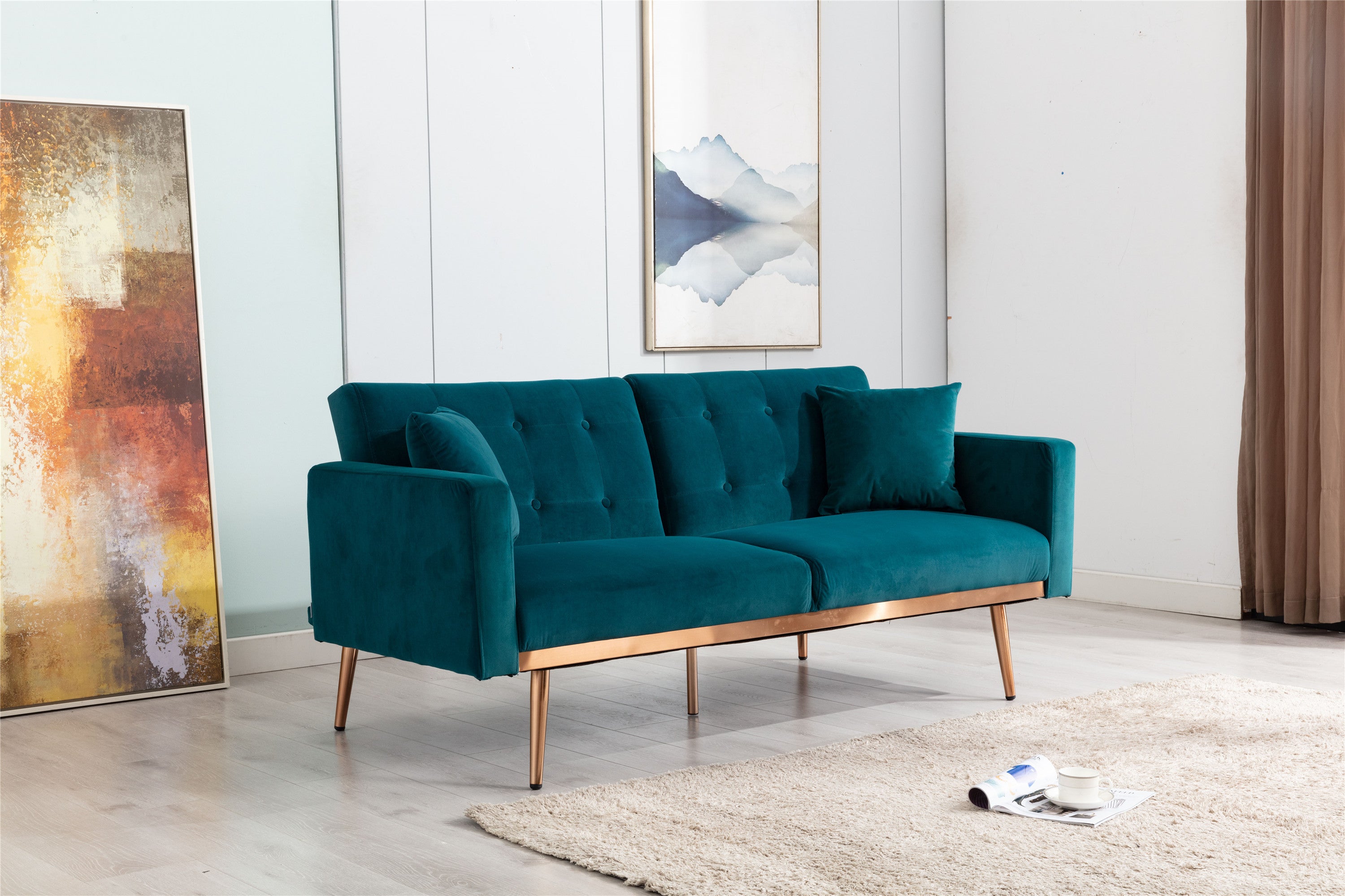 Teal  Velvet Loveseat Sofa With Rose Gold Metal Feet