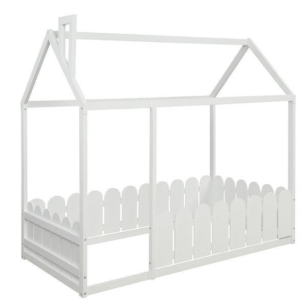 Twin Size Wood Bed with Fence, White