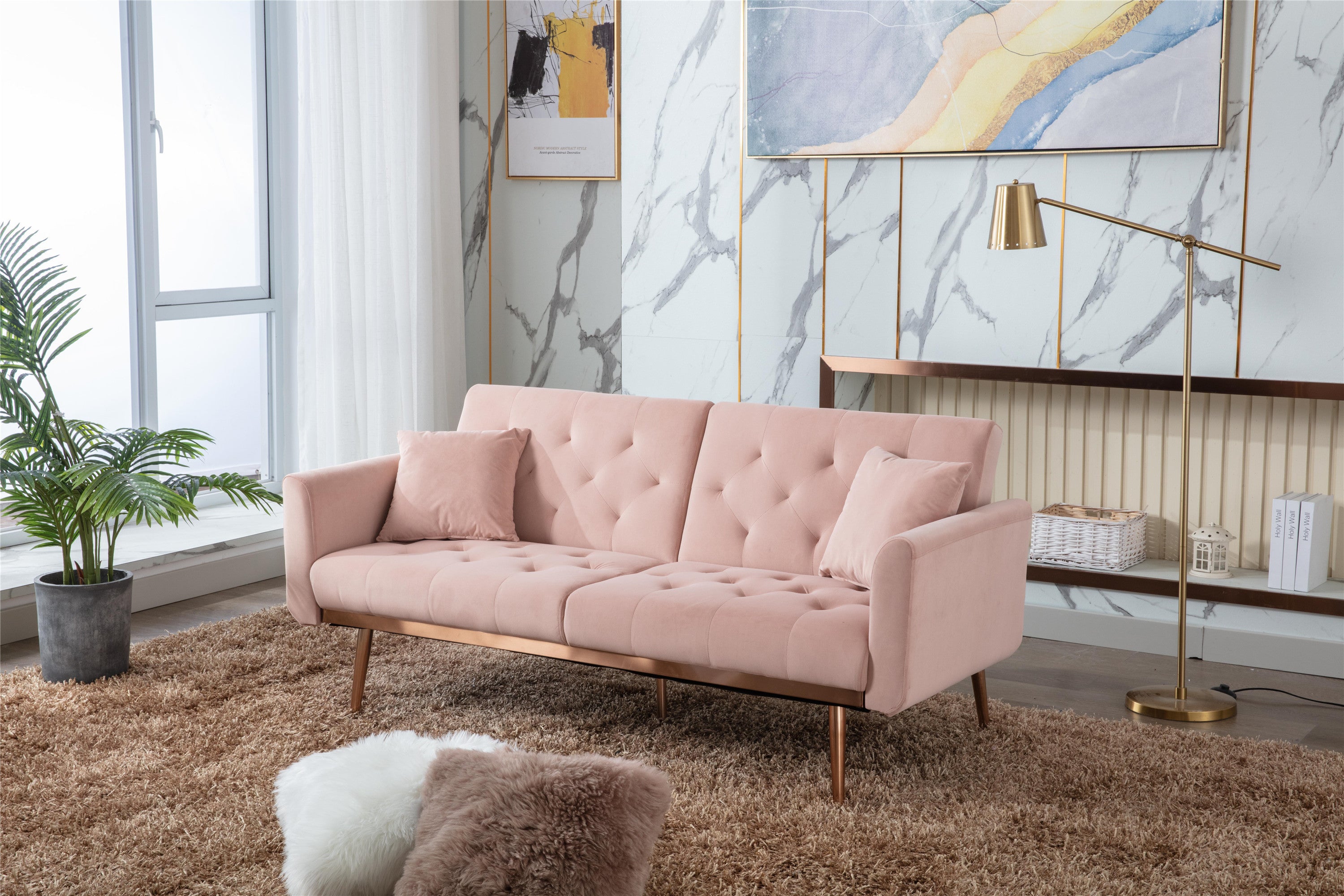 Pink Velvet Loveseat Sofa With Rose Gold Metal Feet