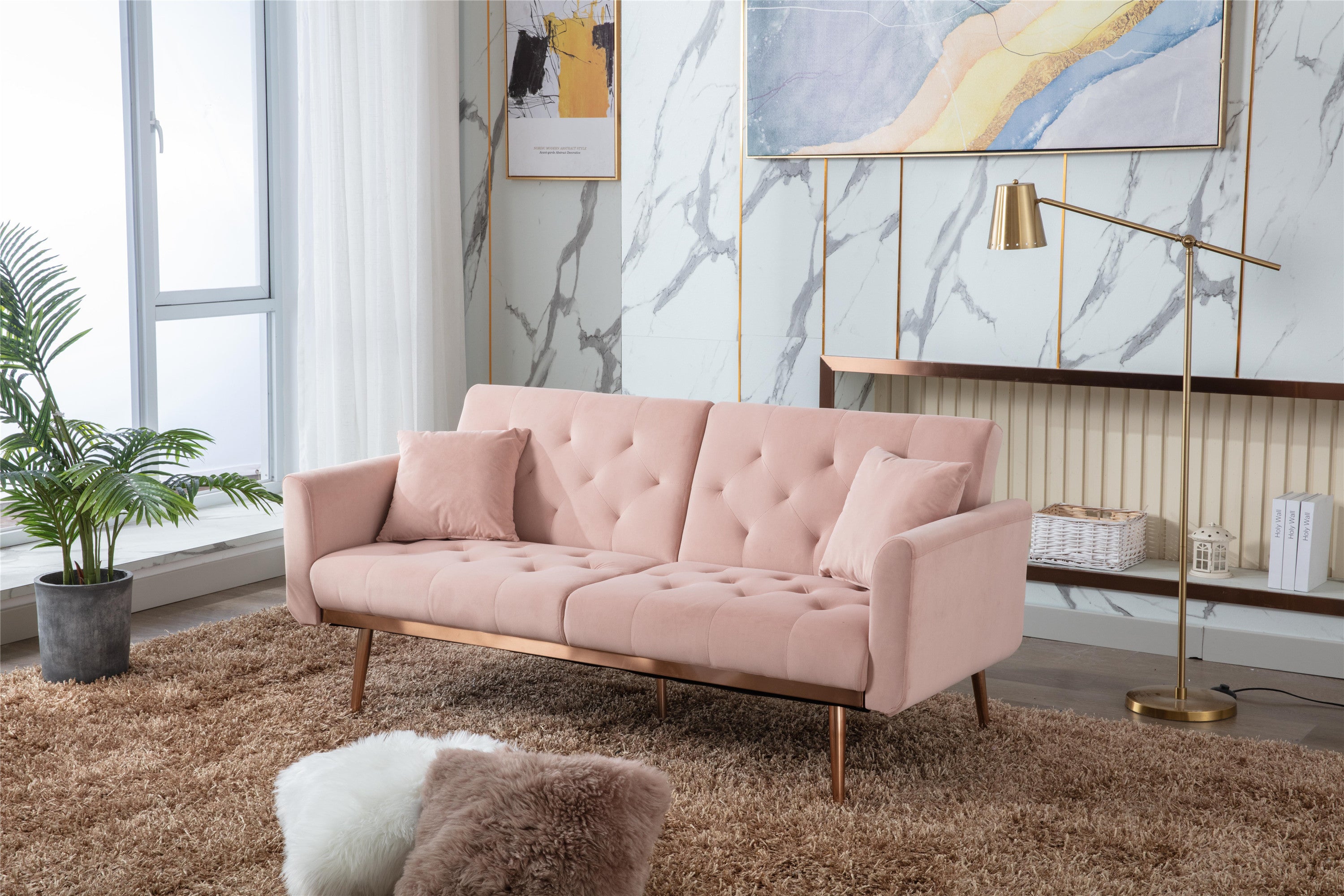 Giga Pink Velvet Loveseat Sofa With Rose Gold Metal Feet