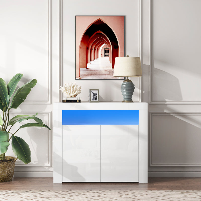 Living Room Sideboard Storage Cabinet White High Gloss with LED Light, Modern Kitchen Unit Cupboard Buffet Wooden Storage Display Cabinet TV Stand with 2 Doors for Hallway Dining Room