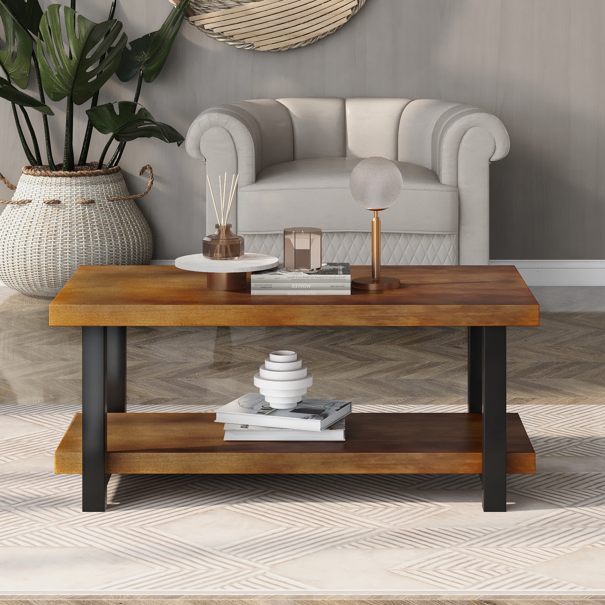 TREXM Rustic Natural Coffee Table with Storage Shelf for Living Room, Easy Assembly (Rectangle)