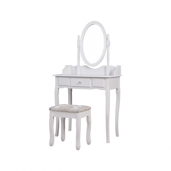 Vanity Table Set with Rotatable Mirror and Cushioned Stool White