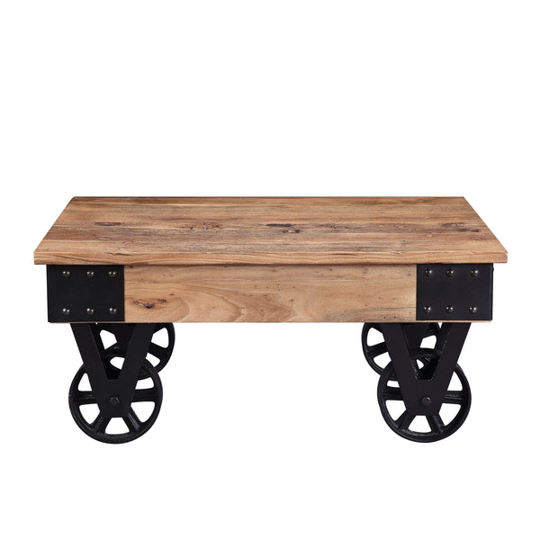 U_STYLE Distressed Coffee Table Recycle elm with Wheels, natural wood